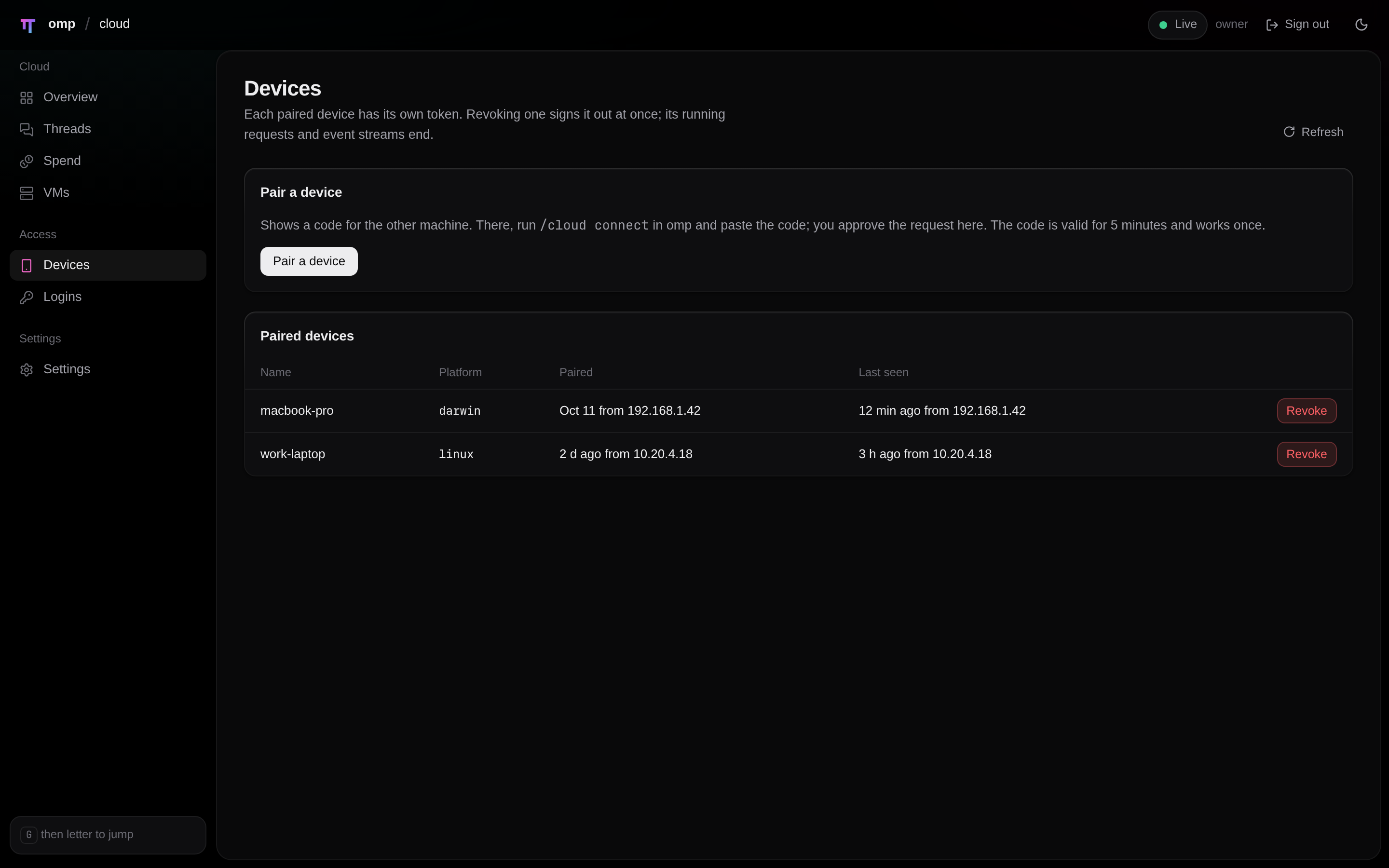 The omp-cloud dashboard Devices page