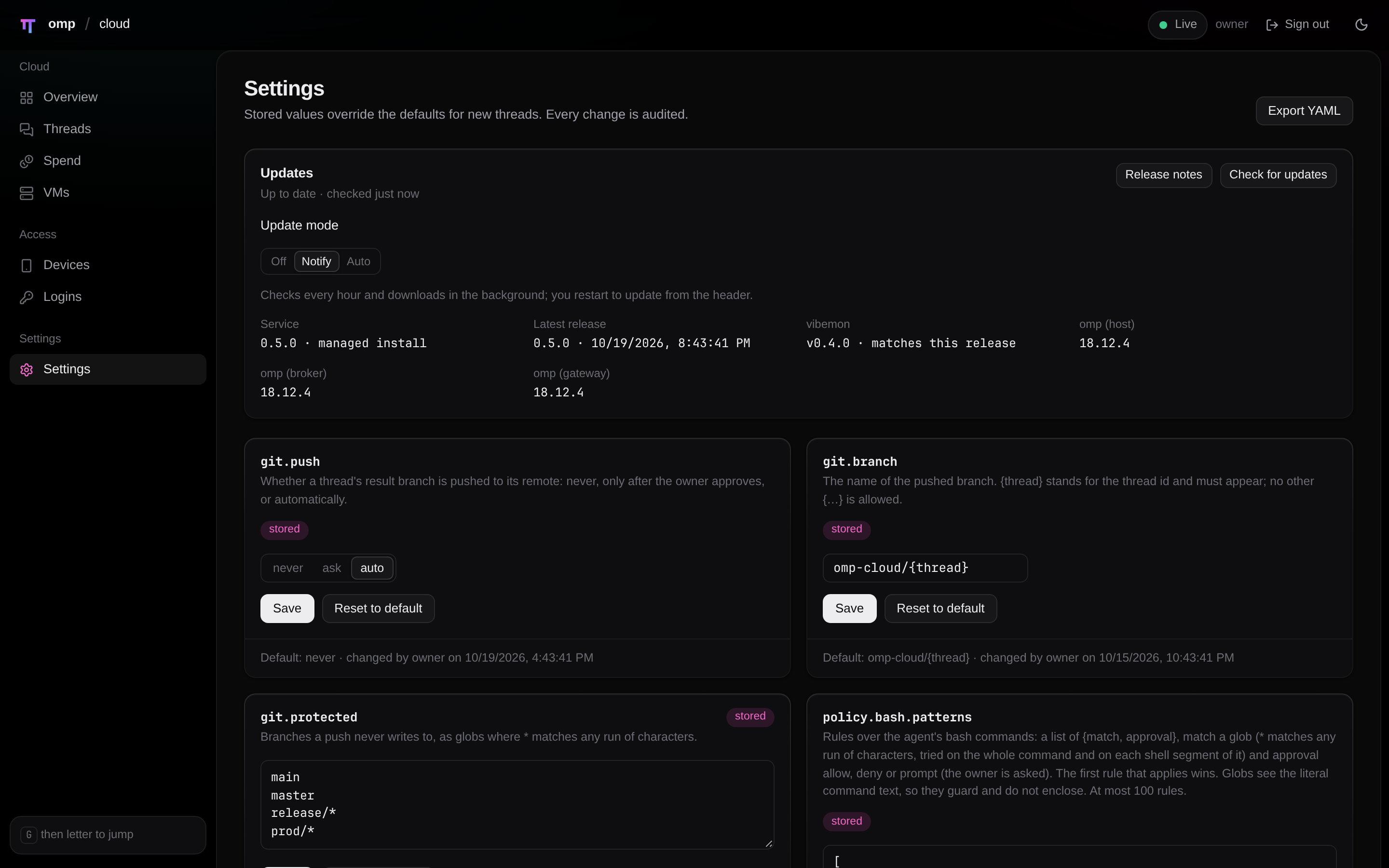 The omp-cloud dashboard Settings page