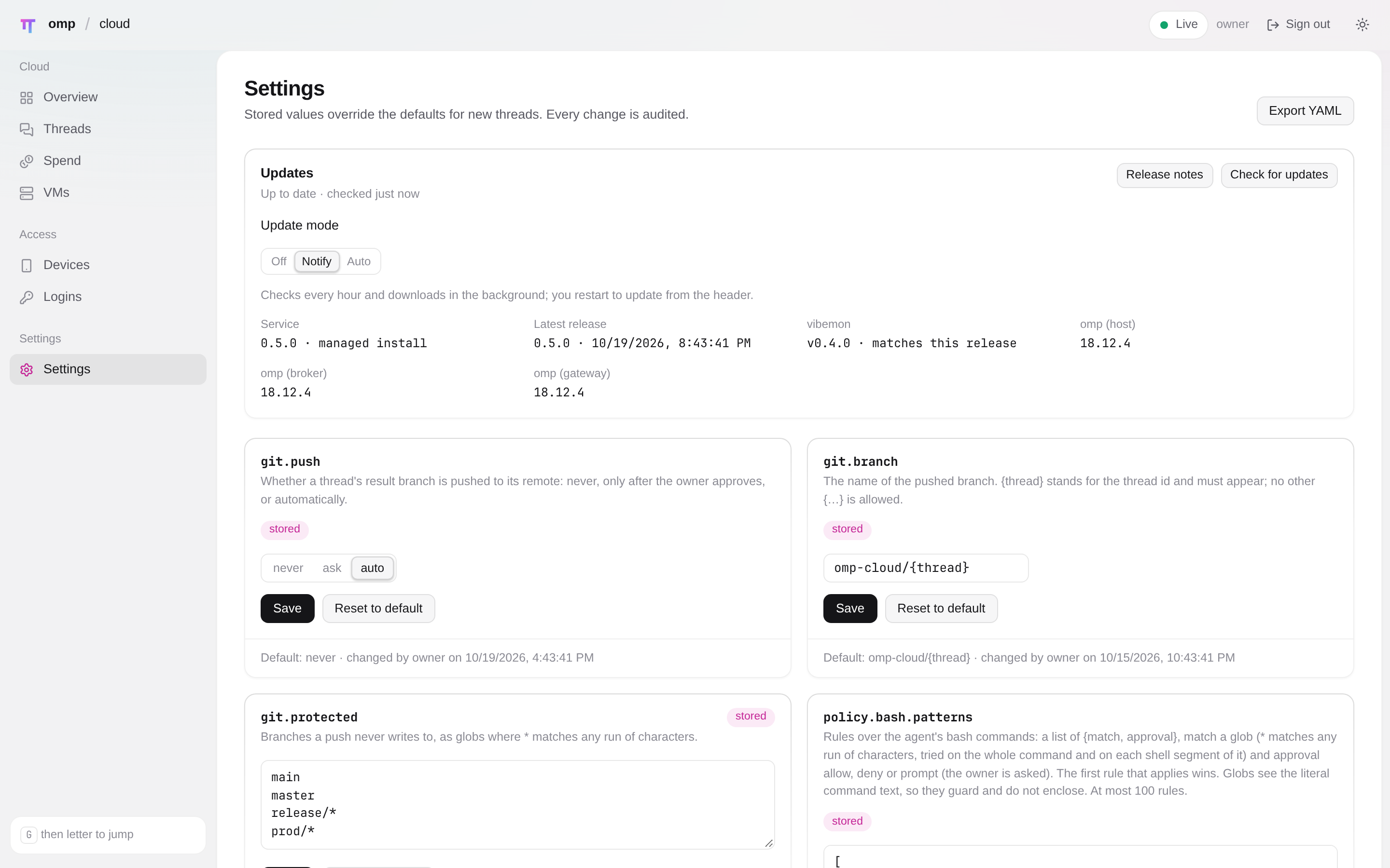 The omp-cloud dashboard Settings page