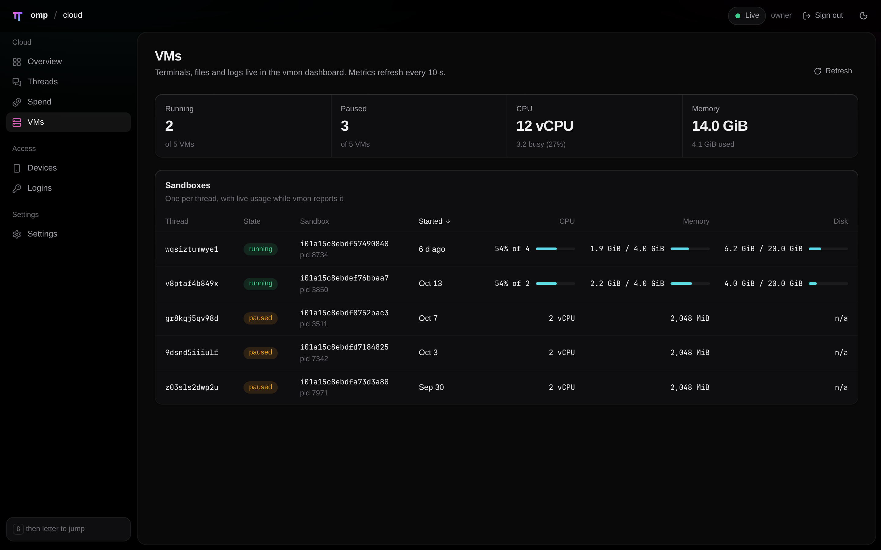 The omp-cloud dashboard VMs page