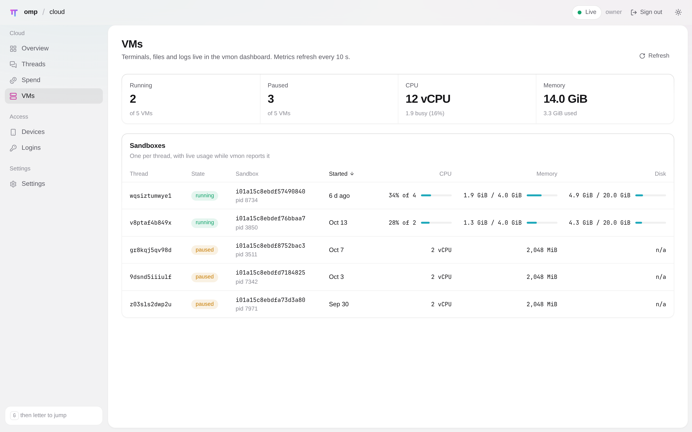 The omp-cloud dashboard VMs page