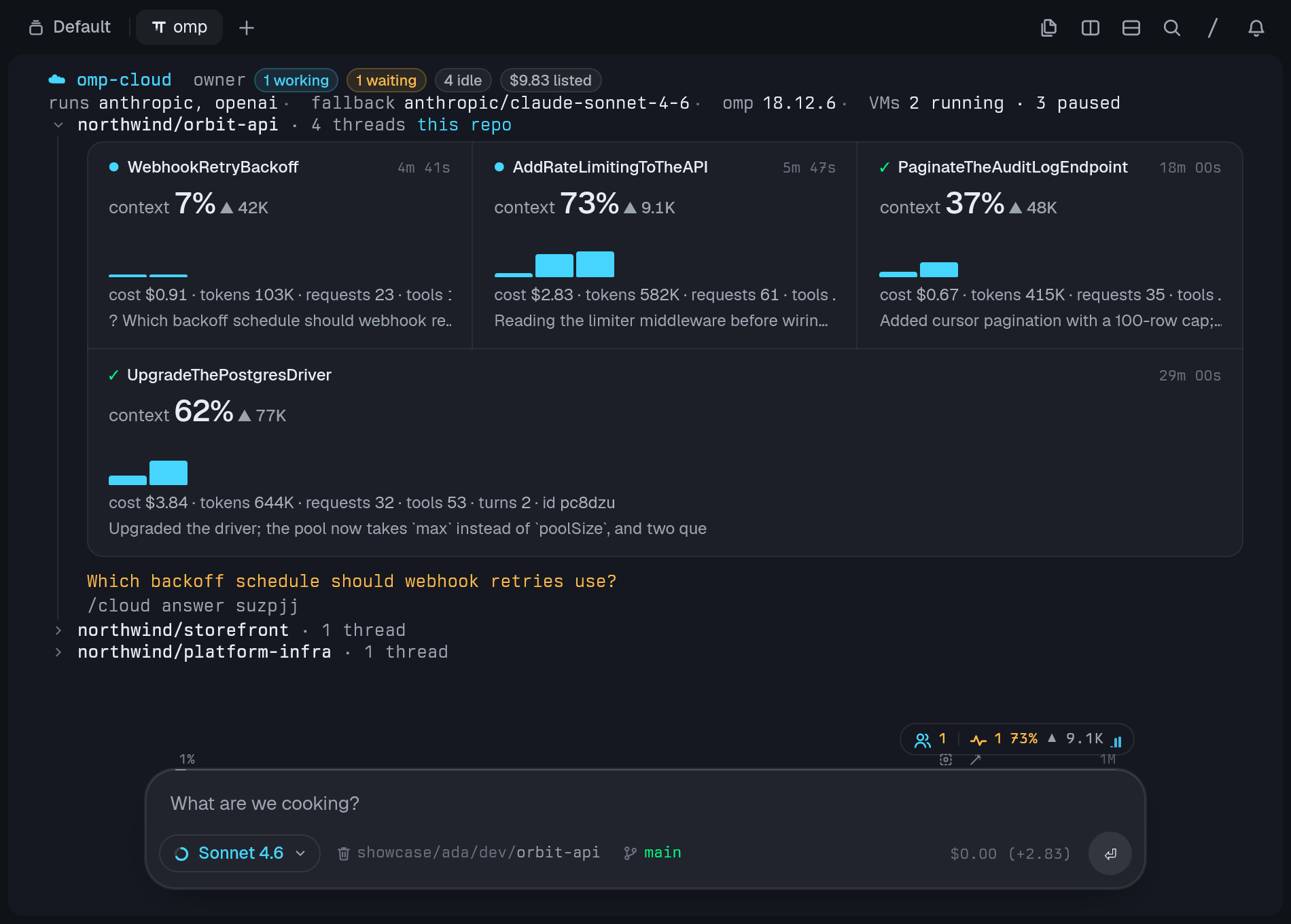 omp terminal: /cloud list draws each thread as a job tile