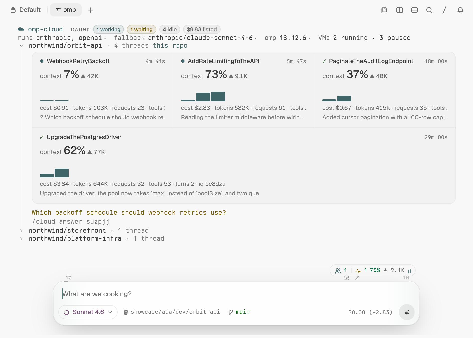 omp terminal: /cloud list draws each thread as a job tile