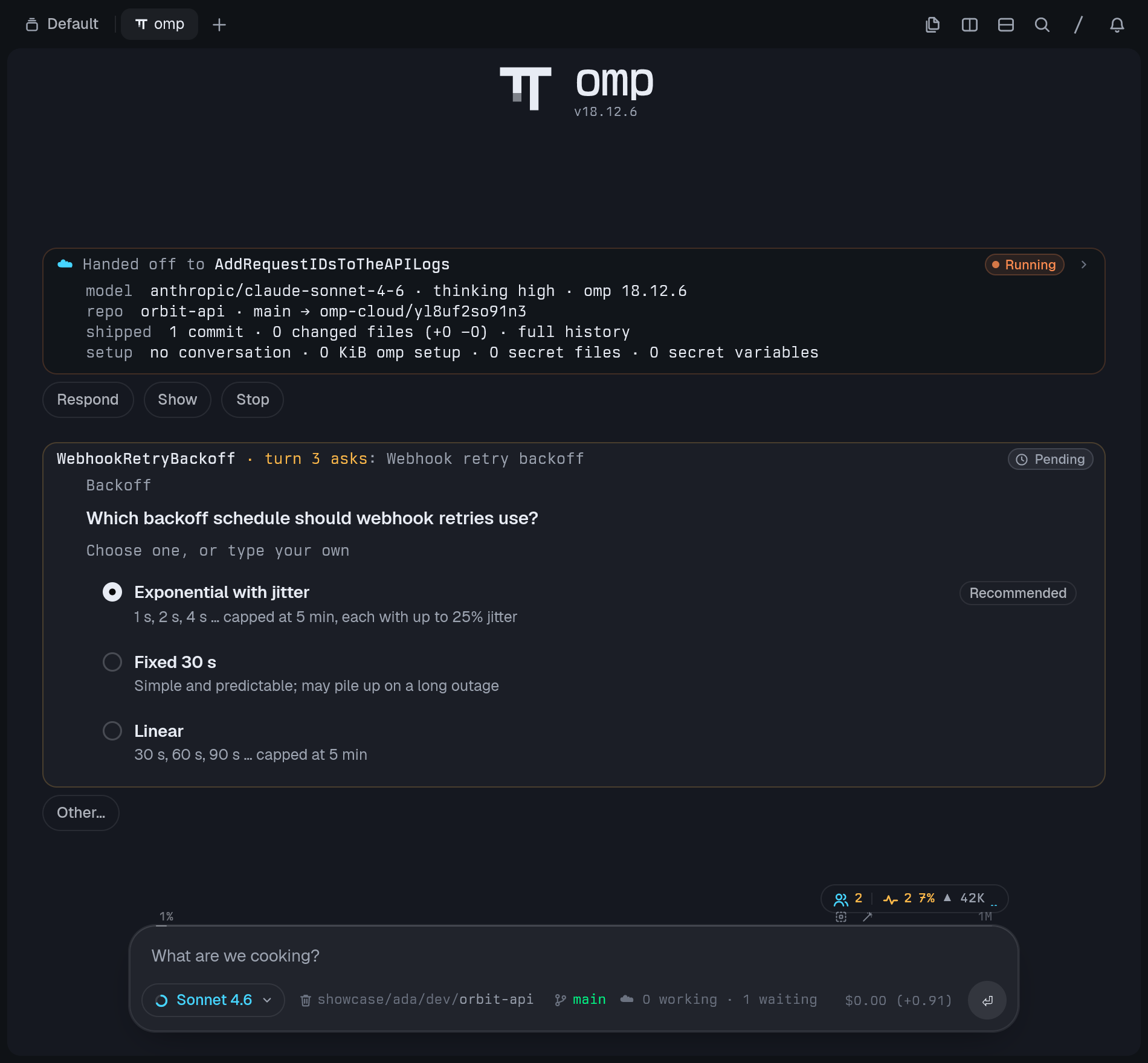 omp transcript: a launch card and a question card