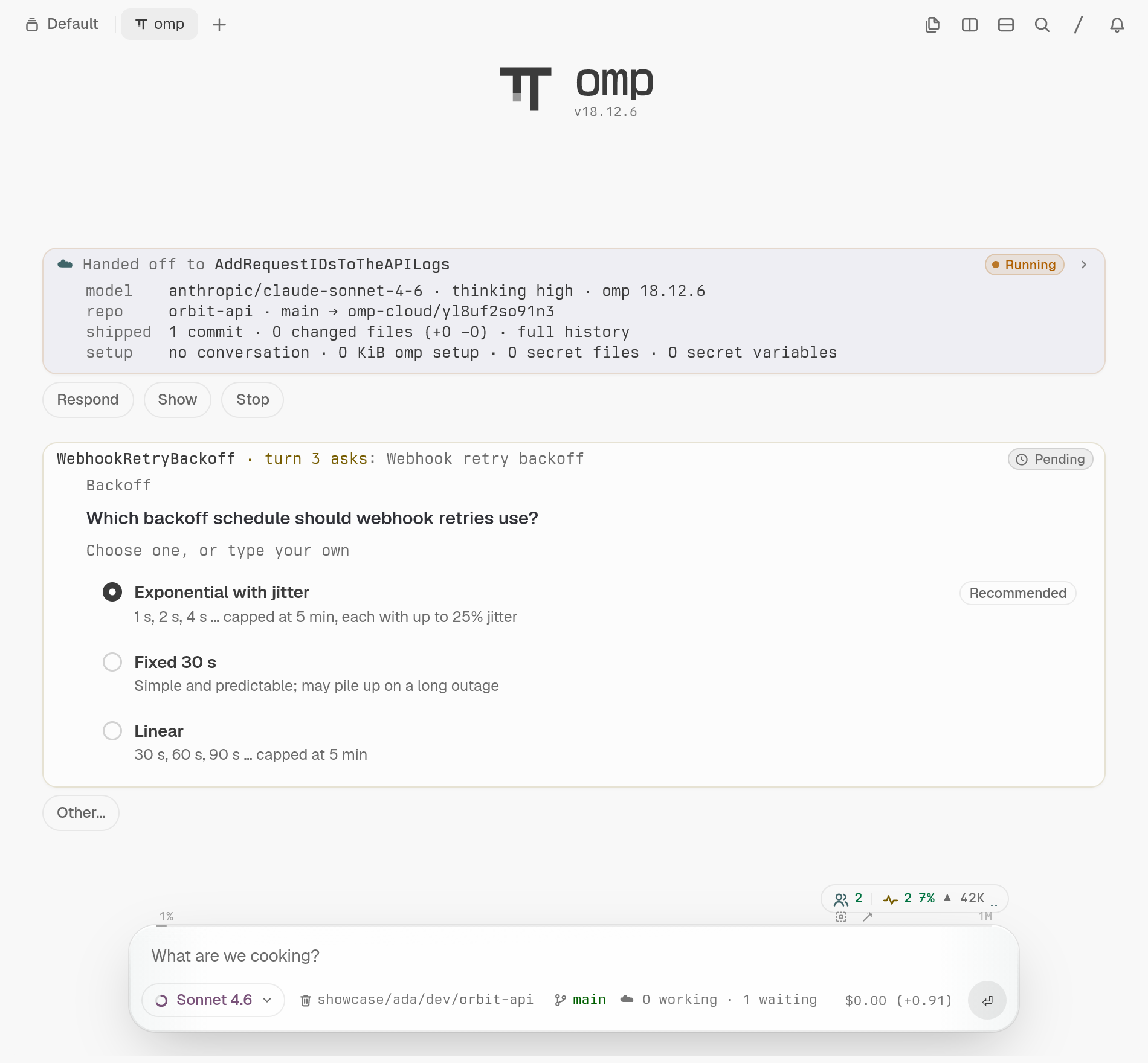 omp transcript: a launch card and a question card